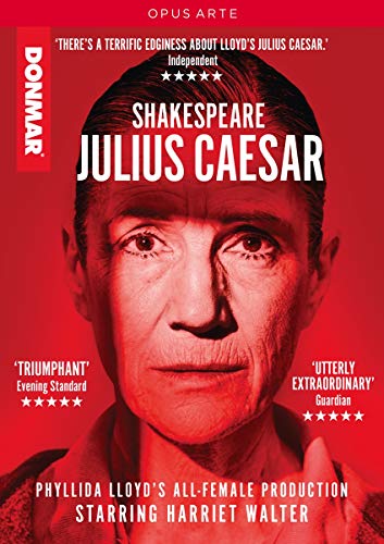 Red DVD cover featuring a man's face with "Shakespeare: Julius Caesar" text overlay.