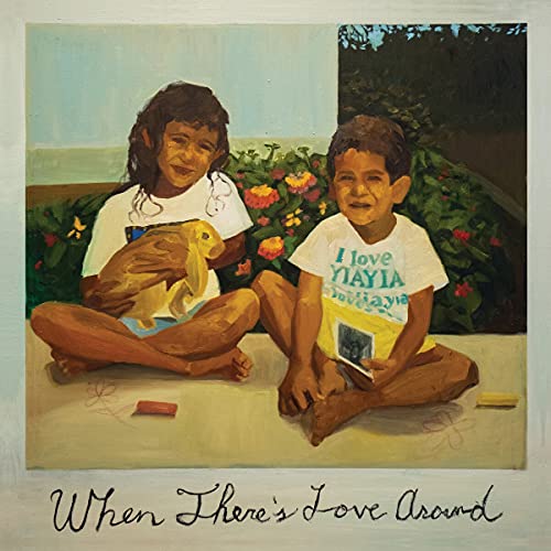 Painted album cover featuring two children with a rabbit, flowers in background.