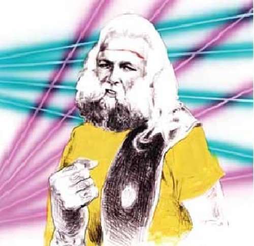 Sketch of a bearded man in yellow, with colorful abstract lines.
