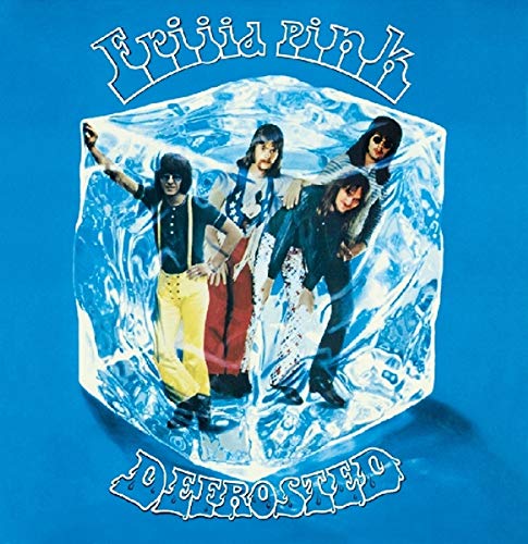 "Frijid Pink band members trapped in a melting ice cube on a blue album cover."