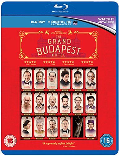 Blu-ray cover for The Grand Budapest Hotel featuring a grid of character portraits.
