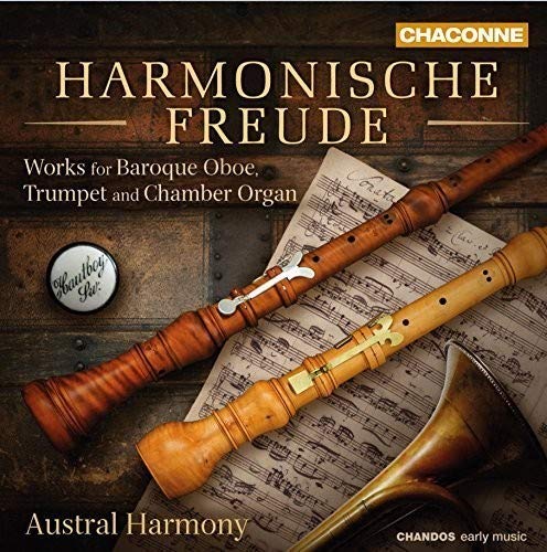 CD cover featuring baroque oboes, a trumpet, and sheet music.