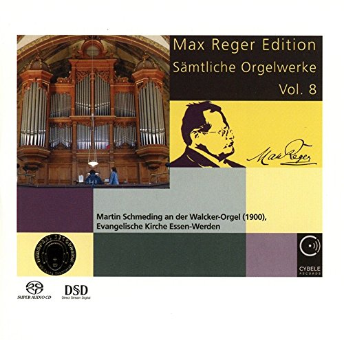 "CD cover featuring a large pipe organ and portrait of Max Reger."