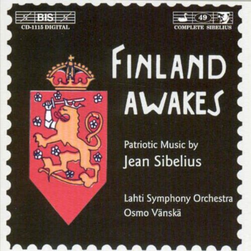 "Black CD cover with red shield and lion, titled 'Finland Awakes'."