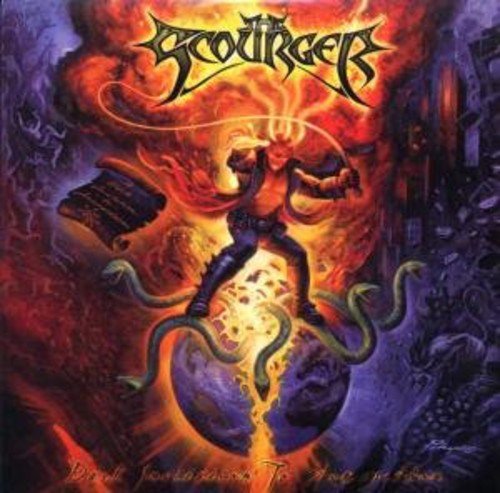 CD cover for Scourger, featuring a fiery, demonic figure and Earth.