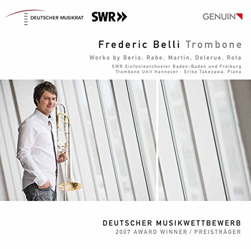 Man holding trombone, standing in front of white window blinds, on a music CD cover.