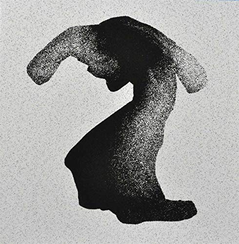 Black and white speckled image of a figure with head bowed.