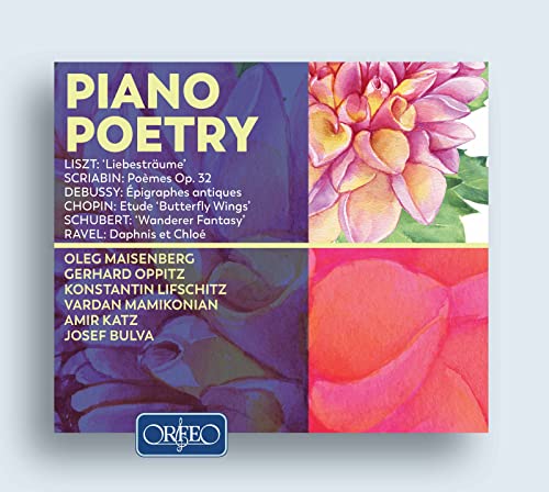 CD cover for “Piano Poetry” featuring a flower and pianist hands.