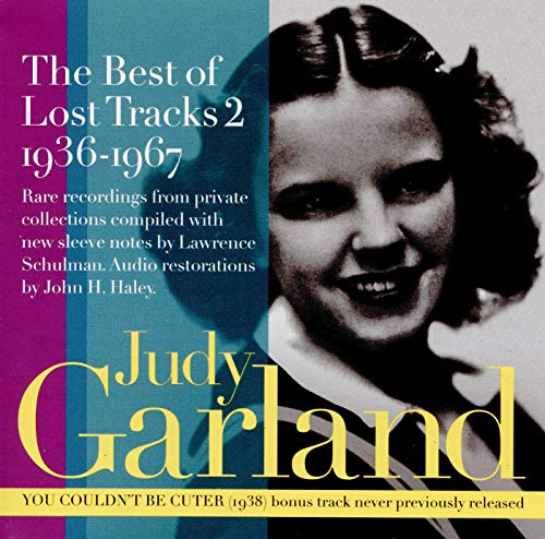 Judy Garland CD cover with black-and-white portrait and colorful text overlay.