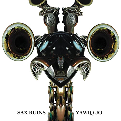 CD cover: abstract symmetrical image of saxophone parts forming a face.