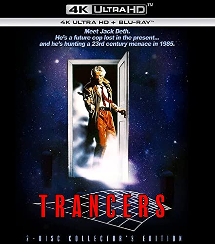 Trancers" Blu-ray cover featuring a man with a gun stepping through a glowing doorway.