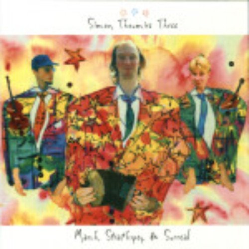 "Album cover featuring three men in colorful suits playing instruments against a vibrant background."