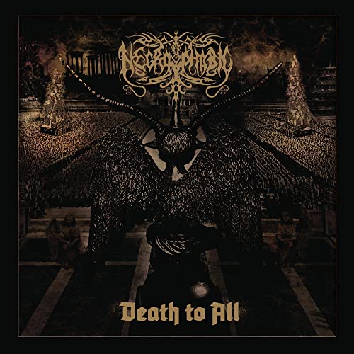 Dark album cover with demonic figure, gothic text, and crumbling architecture.