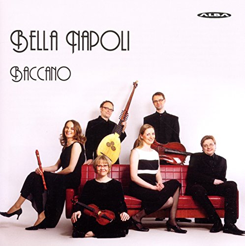 "Bella Napoli album cover featuring six musicians posing on a red sofa with instruments."