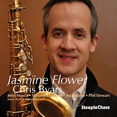 Man holding saxophone, smiling, with album title and names on brown background.
