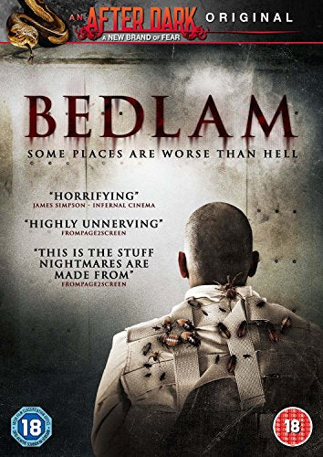DVD cover for horror film "Bedlam" featuring a man covered in insects.