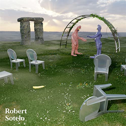 Album cover: two abstract figures stand near stone pillars and chairs.