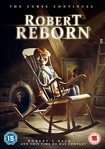 DVD cover for horror film "Robert Reborn" featuring a doll in a rocking chair.