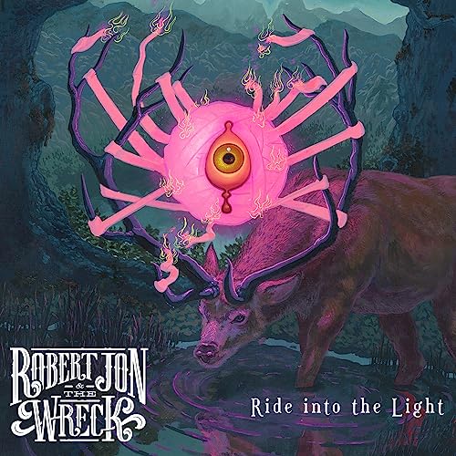 Album cover: deer with glowing antlers and an eye in the sky.