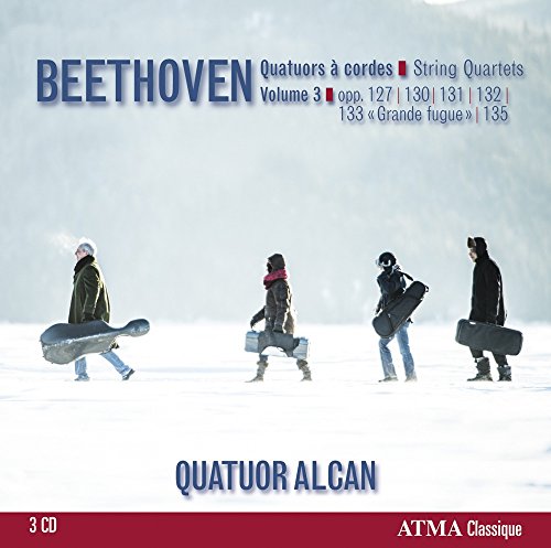 CD cover featuring four people walking in snow, carrying string instruments, with blue and red text.