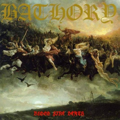 Bathory album cover: Viking battle scene with fiery sky and text.