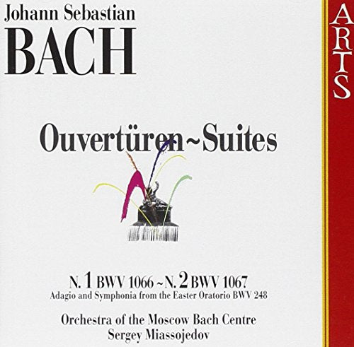 CD cover for Bach's Orchestral Suites, featuring abstract flower design and red stripe.