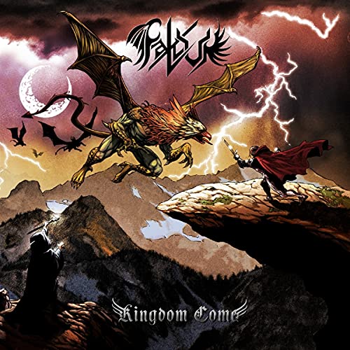 CD cover: Dragon soaring over mountains, knight with sword, stormy sky.