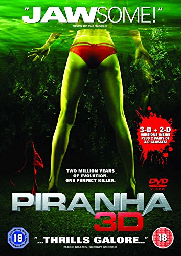 DVD cover art showing a woman in a red bikini swimming above many piranhas.