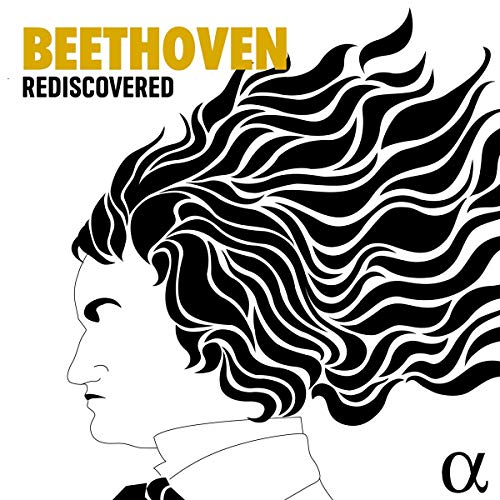 "CD cover featuring a black and white illustration of Beethoven's profile with flowing hair."