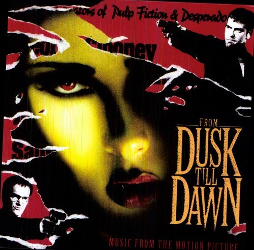"Album cover for 'From Dusk Till Dawn' soundtrack featuring a woman's face and men."