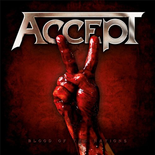 "Album cover with a bloody hand making a peace sign against a red background."