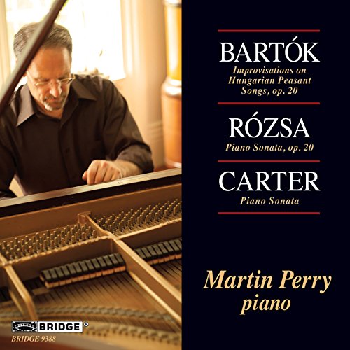 "CD cover with man playing piano and black text panel listing composers and pianist."