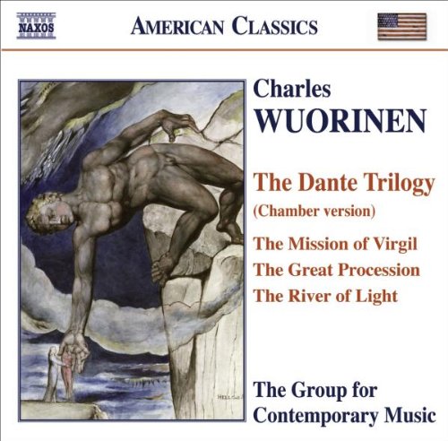 "Album cover with 'The Dante Trilogy' text and illustration of man on rocky cliff."