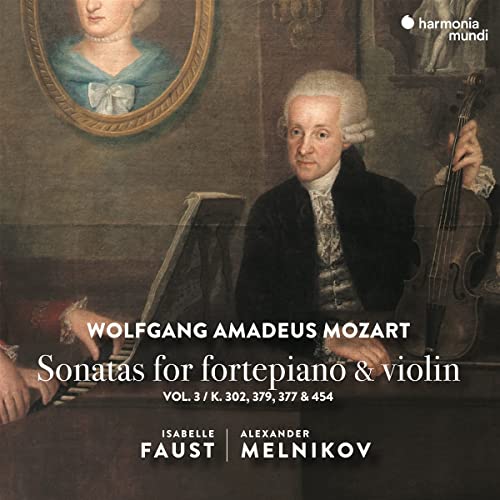 CD cover featuring portraits of Mozart with violin and sheet music.