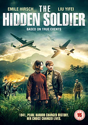 DVD cover for "The Hidden Soldier" with couple and war scene.