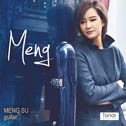 A woman in a gray coat stands beside a guitar case, with "Meng" written beside her.
