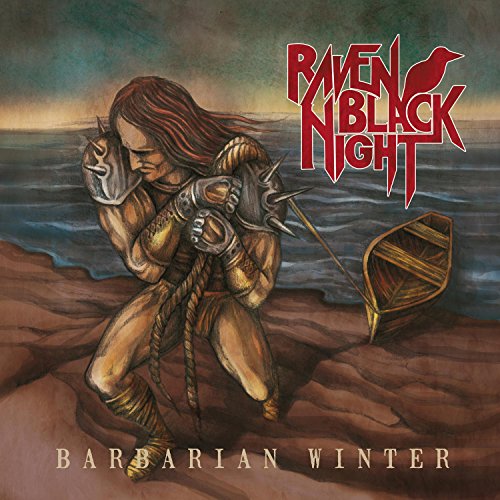"Album cover art: warrior with armor and sword on rocky shore with boat."