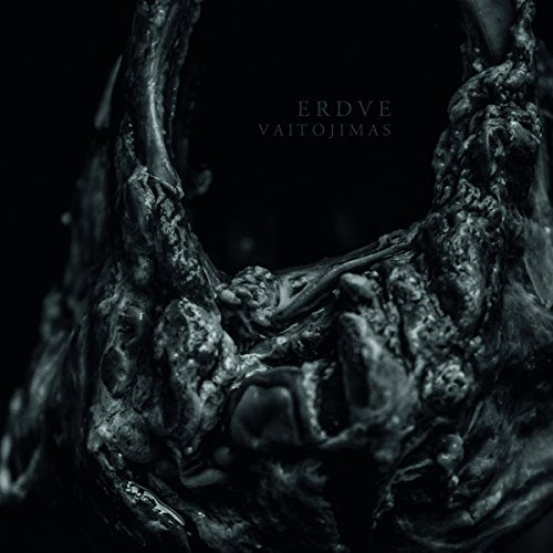Dark, abstract, twisted metal sculpture against a black background, with text "ERDVE VAITOJIMAS".