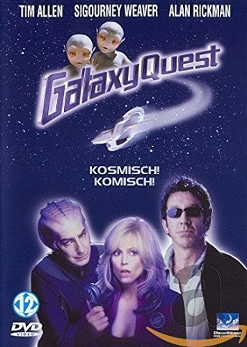"Galaxy Quest DVD cover featuring actors and aliens against a starry blue background."