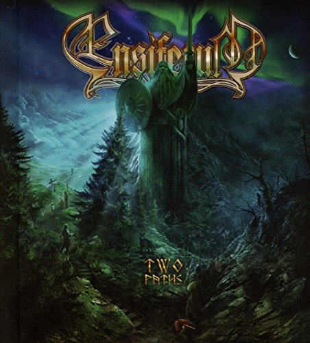 "Album cover art for 'Ensiferum - Two Paths' featuring a knight statue in a forest."