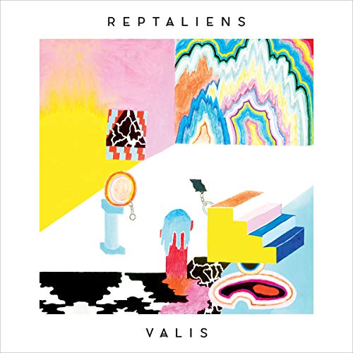 "Album cover for 'Valis' by Reptaliens, featuring abstract, colorful collage with geometric shapes."