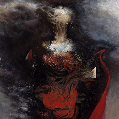 Dark, swirling abstract painting with red and white highlights.