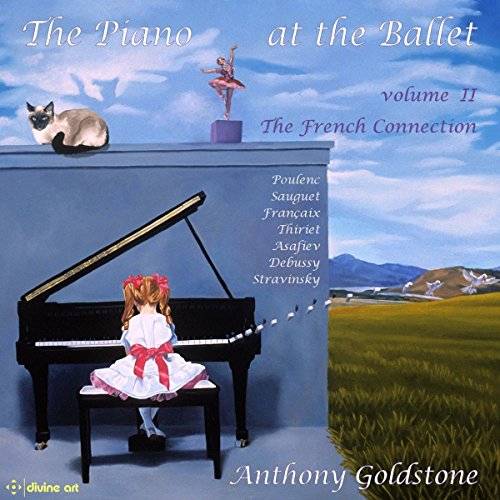 "Album cover featuring a girl playing piano with a cat and ballerina nearby."