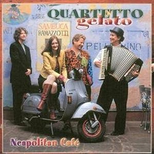 CD album cover featuring four musicians posing beside a scooter.
