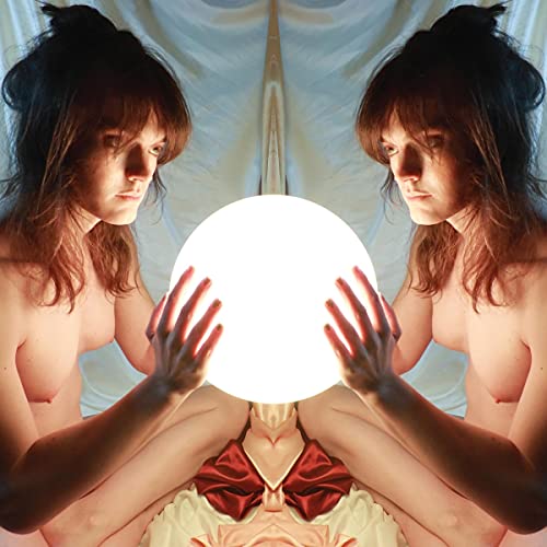 Mirrored portrait of a person with a glowing orb and red ribbon.