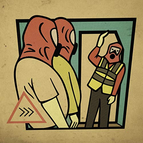 Comic-style illustration of two people in masks and one person in a safety vest.