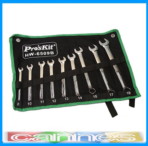 Nine silver combination wrenches in a black vinyl roll, labeled Pro'sKit.