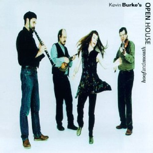 "Album cover featuring four musicians playing instruments, with text 'Kevin Burke's Open House'."