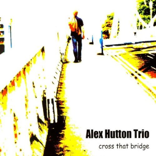 Album cover with a person walking on a bridge, yellow and white abstract background.