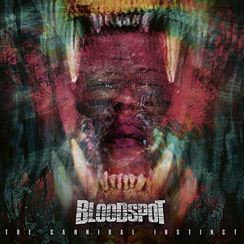 "BLOODSPOT album cover with distorted, close-up face and sharp teeth, dark, abstract background."